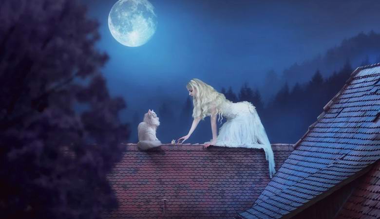 Тайнствена фигура със светещи очи на покрива на къщата